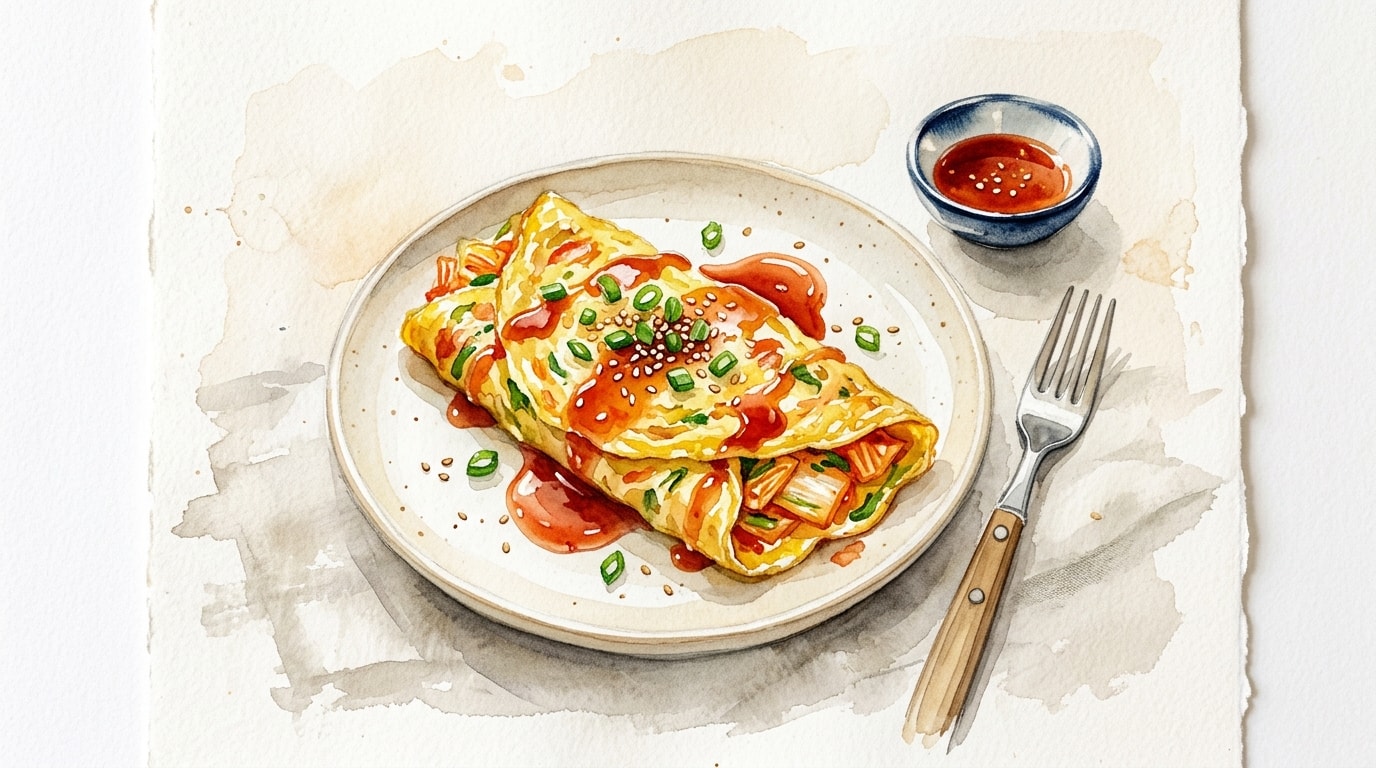 Quick Kimchi Omelet With Sriracha Syrup