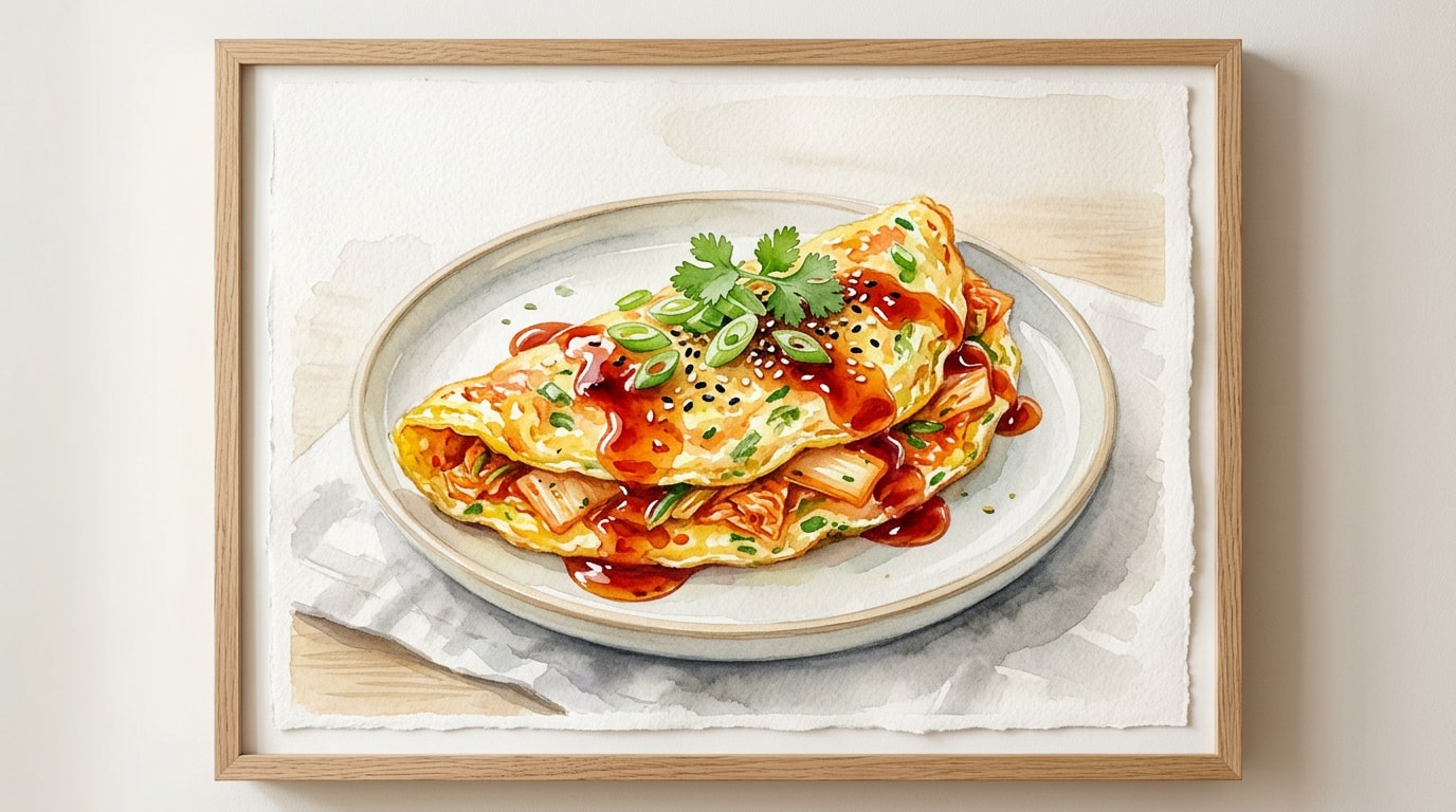 Quick Kimchi Omelet With Sweet Sriracha Syrup