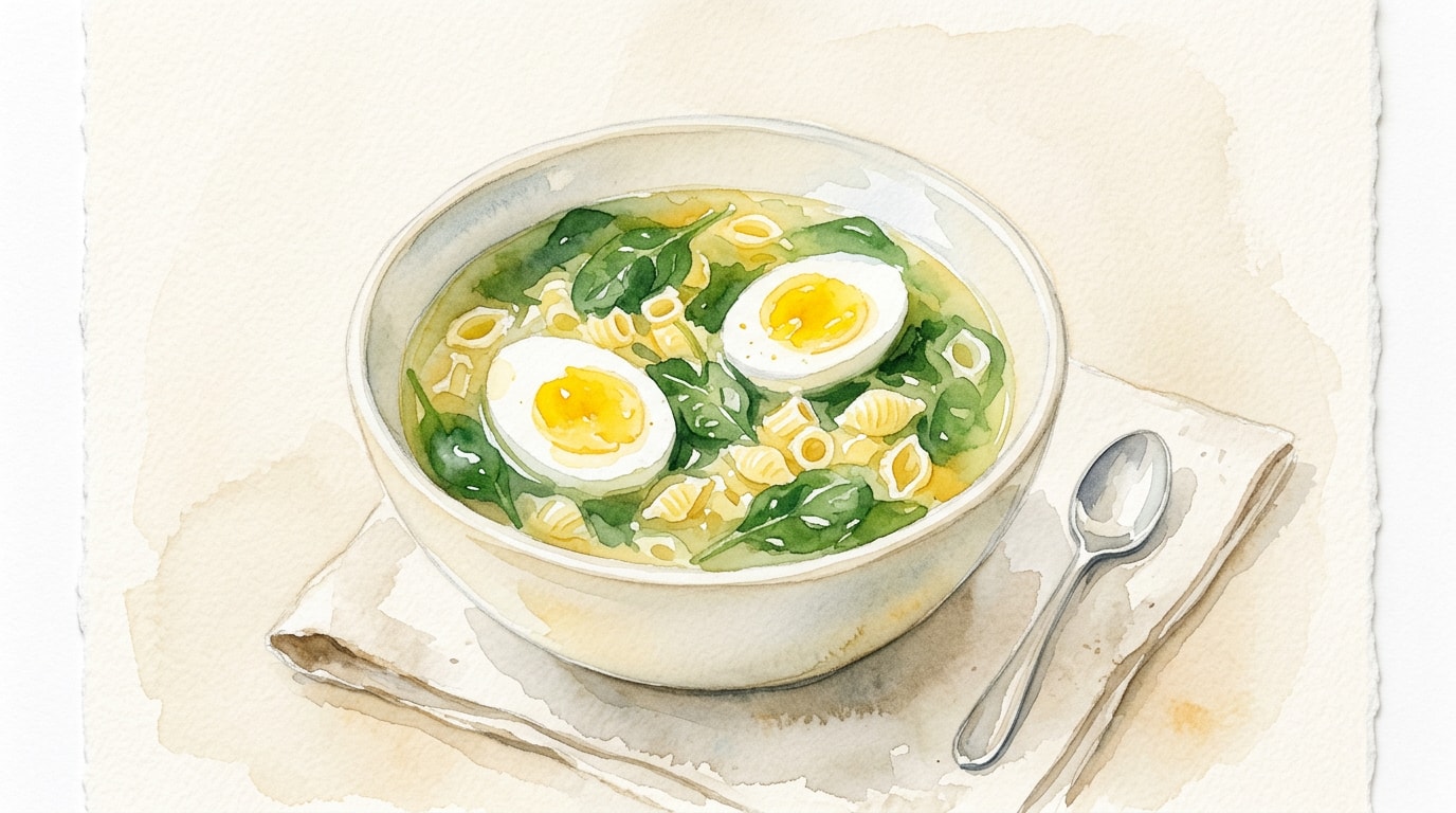 Quick Spinach and Pasta Soup with Hard-Boiled Eggs