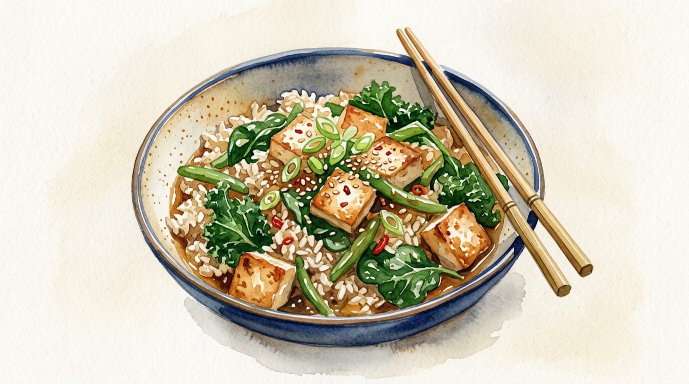 Quick Tofu and Greens Brown Rice Stir-Fry