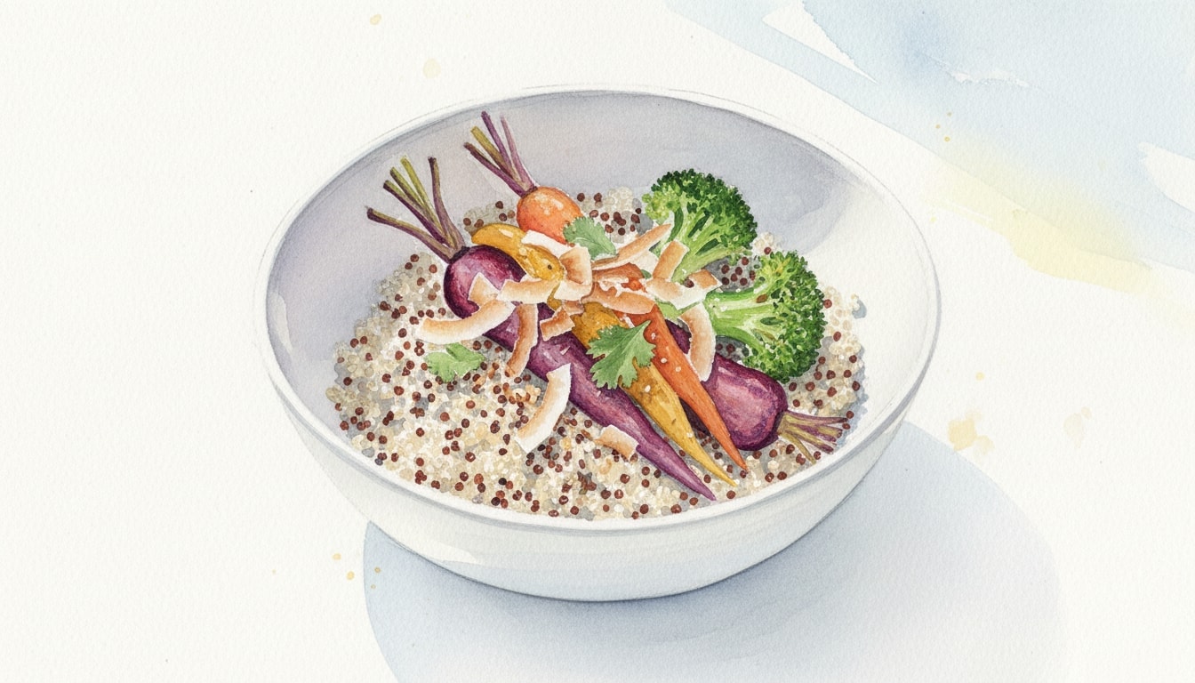 Quinoa Bowl with Roasted Vegetables and Toasted Coconut
