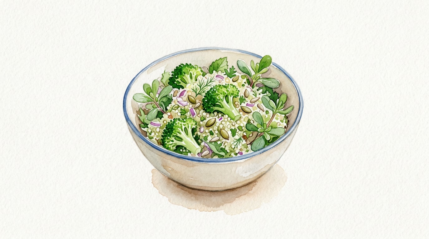 Raw Broccoli, Quinoa, and Purslane Salad
