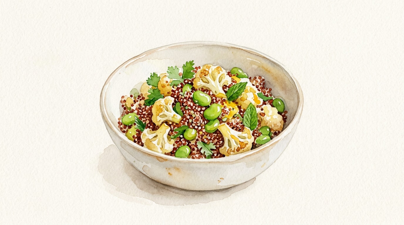 Red Quinoa, Cauliflower and Fava Bean Salad with Curry-Lemon Dressing