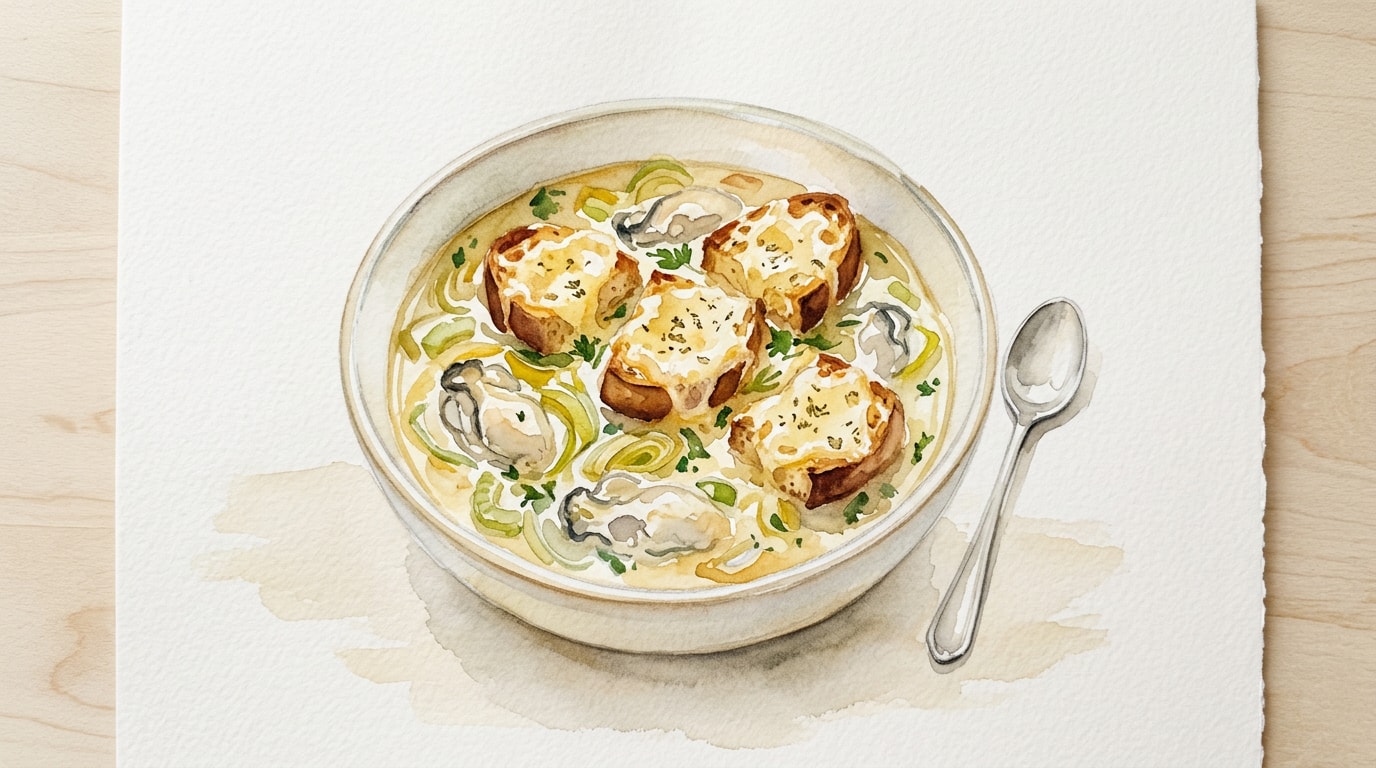 Rich Oyster and Leek Stew with Gruyere Croutons