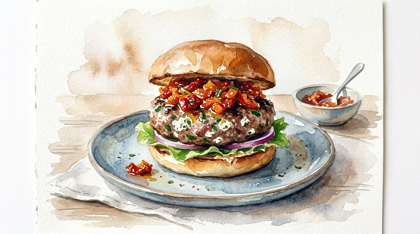 Ricotta and Herb Beef Burgers with Sun-Dried Tomato Relish