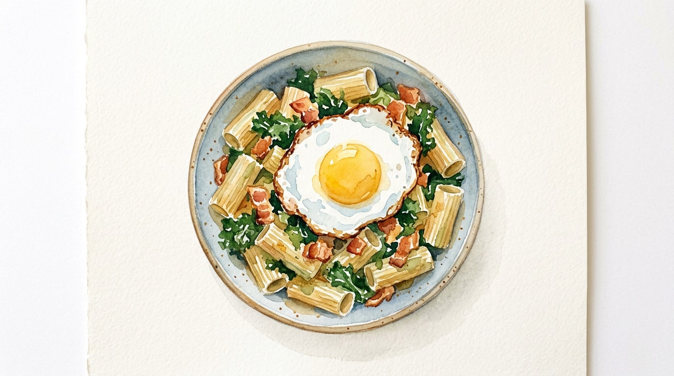Rigatoni with Crispy Bacon, Kale, and Fried Egg