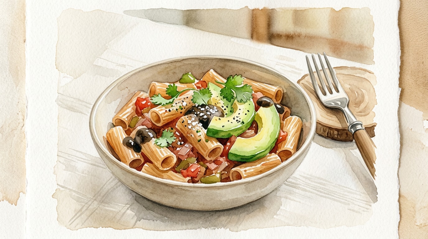 Rigatoni with Spanish Tomato Sofrito, Avocado, and Salsa Negra