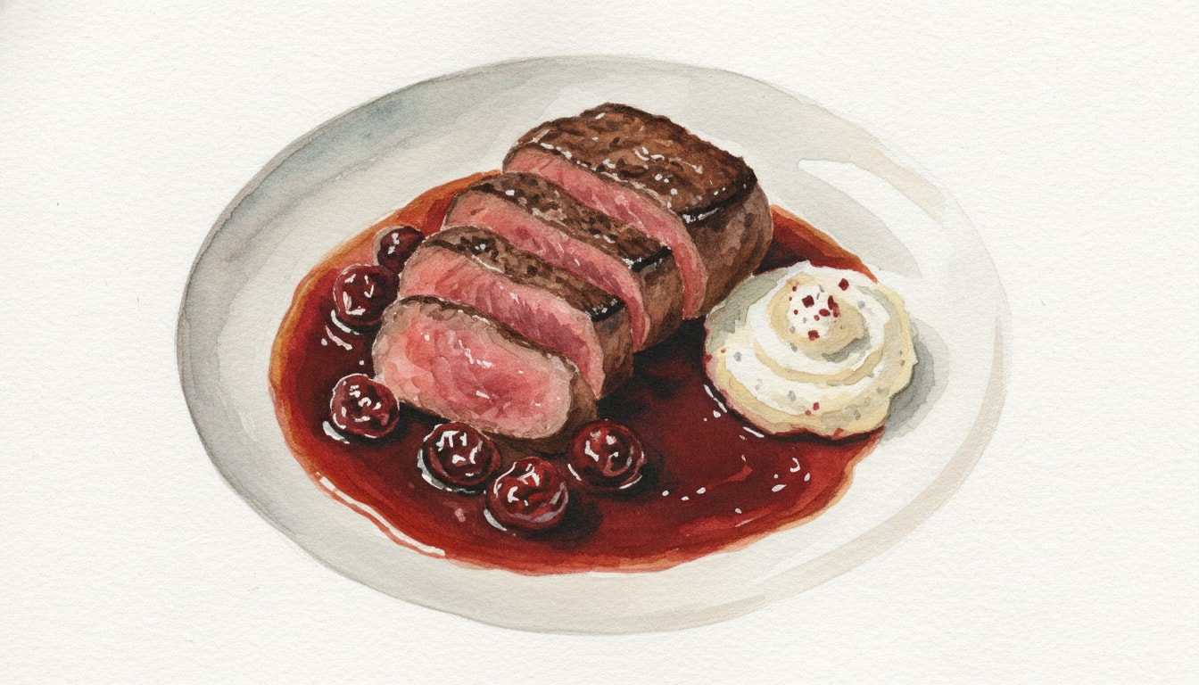 Roast Fillet of Beef with Dried Cherry Reduction and Horseradish Crème