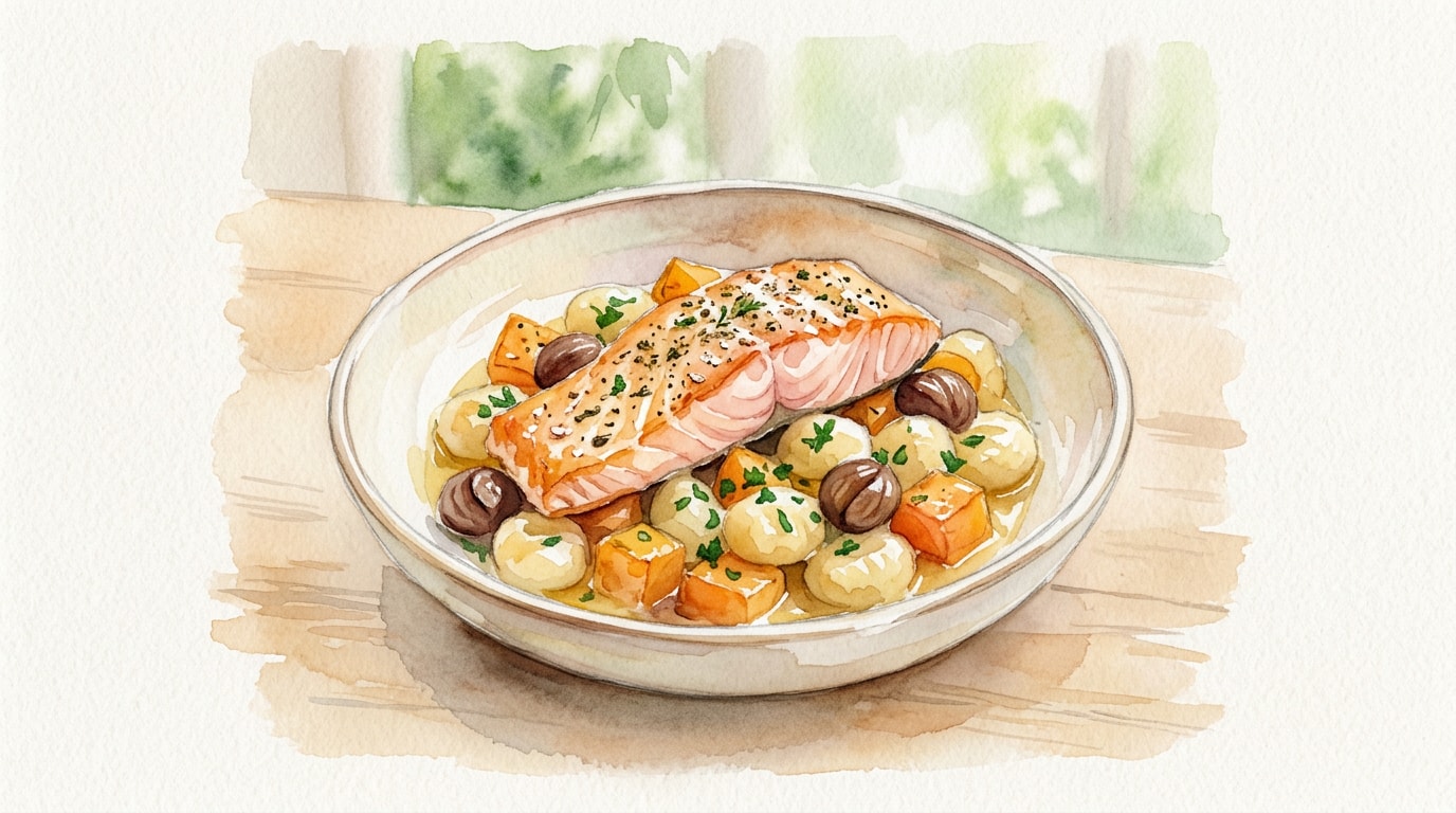 Roast Salmon With Potato Gnocchi, Butternut Squash And Chestnuts