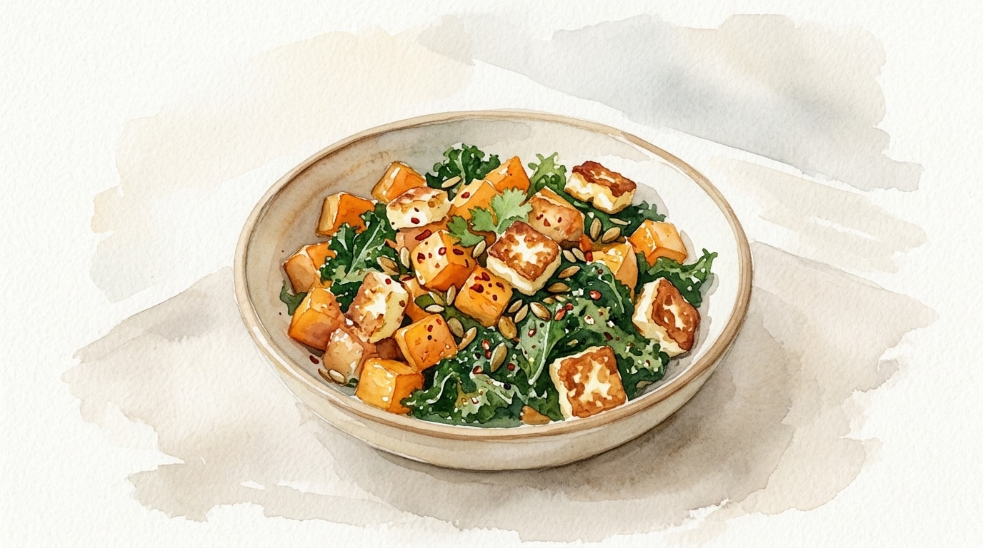 Roasted Butternut Squash with Spicy Kale and Crispy Halloumi