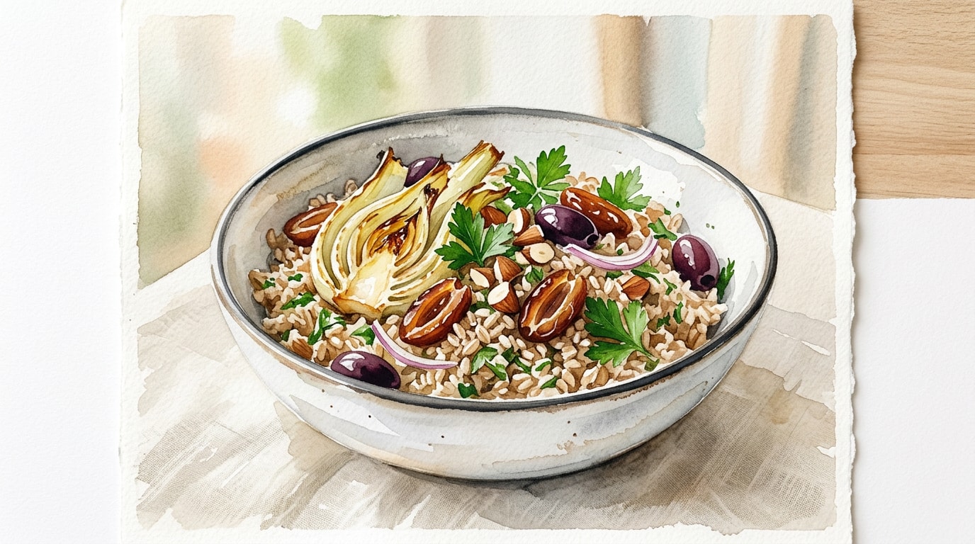 Roasted Fennel and Farro Grain Bowl with Dates and Olives