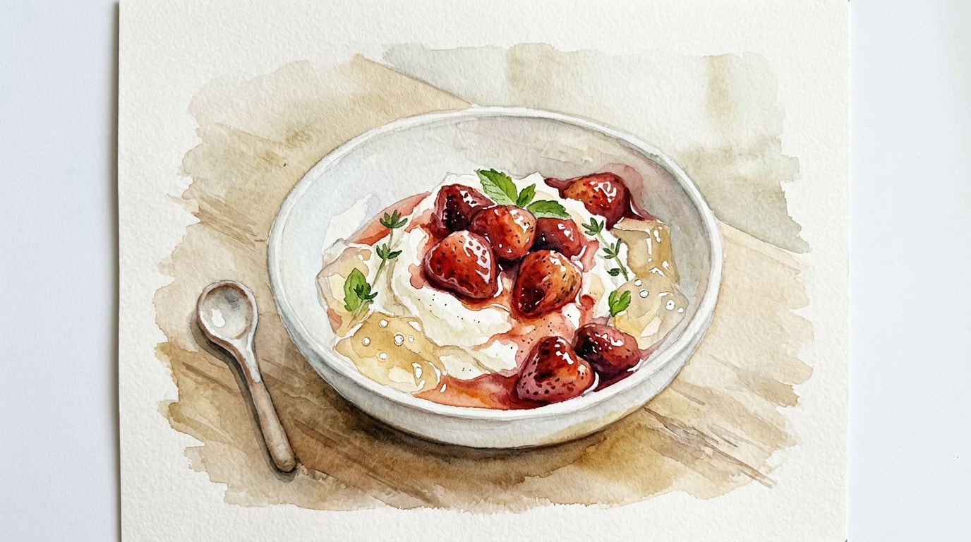 Roasted Strawberries With Vanilla, Light Ricotta Cream, And Apple Juice Jelly
