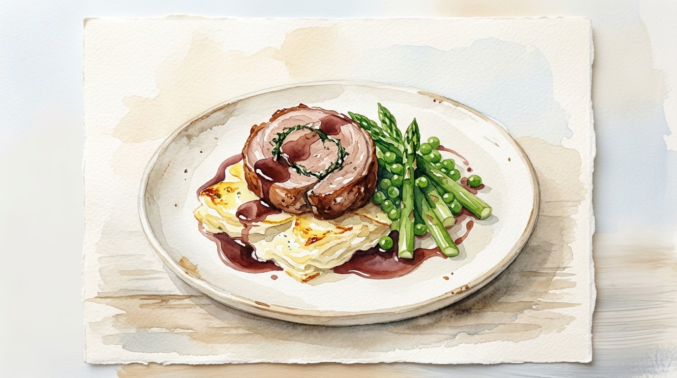 Rolled Lamb Breast with Dauphinoise Potatoes, Spring Greens, and Red Wine Sauce