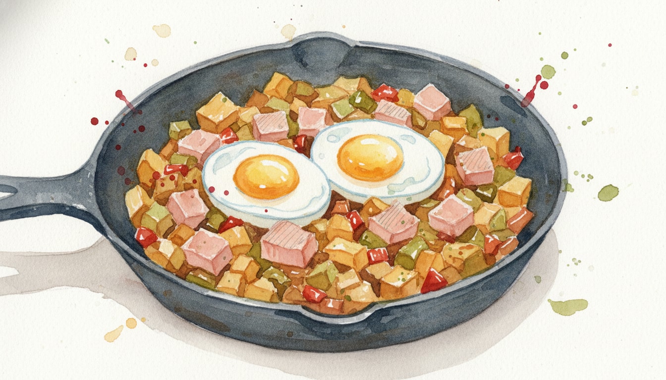 Rustic Skillet Hash with Ham and Eggs