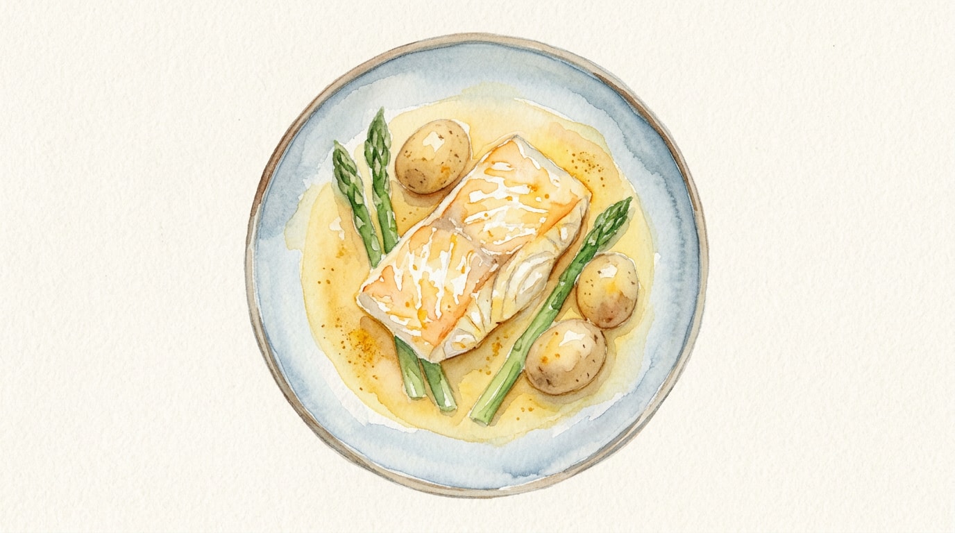Saffron Braised Halibut with Asparagus and Baby Potatoes