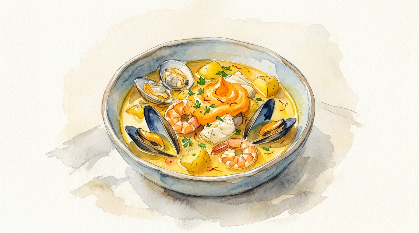 Saffron Seafood Stew with Rouille and Potatoes