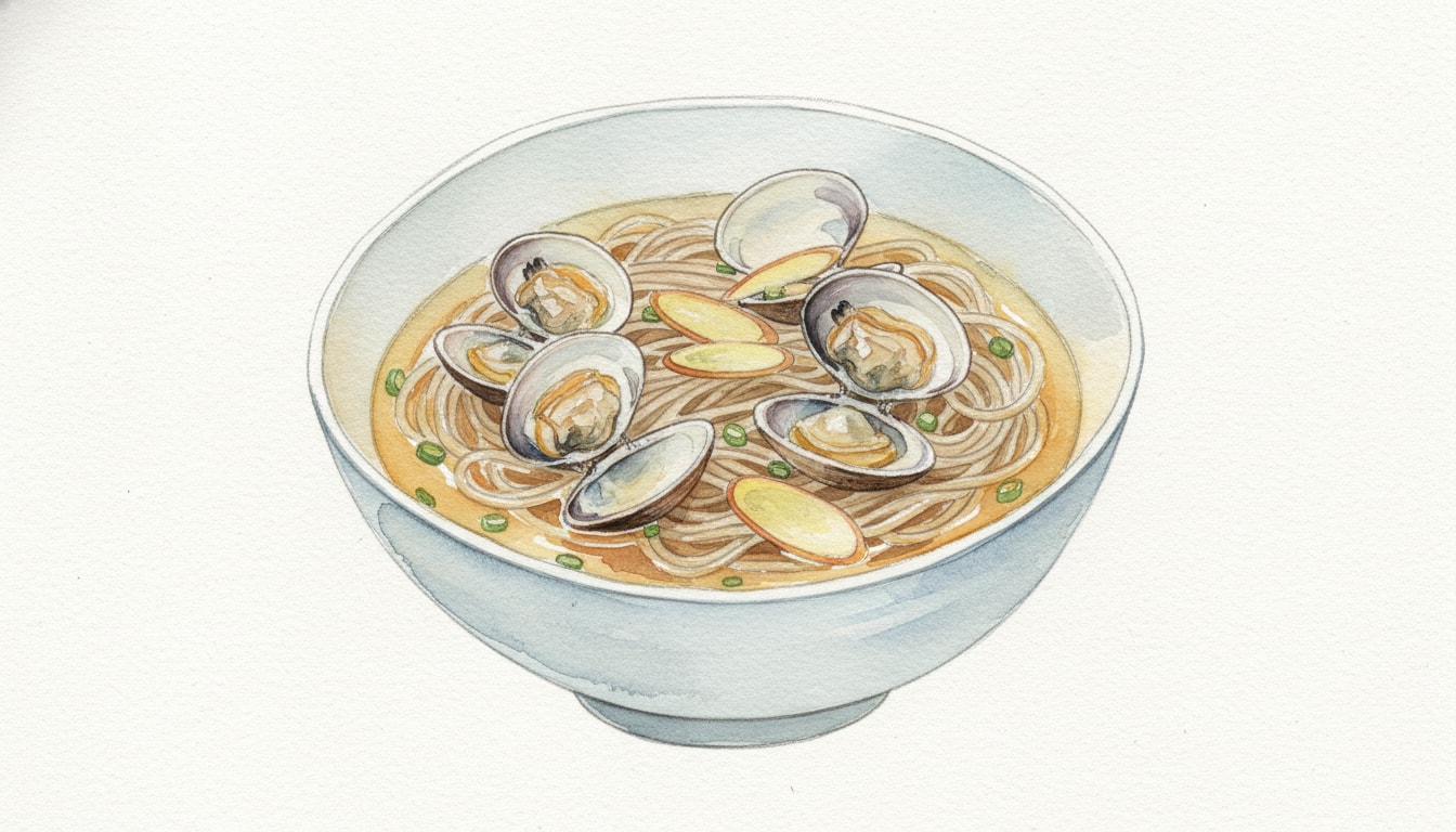 Sake-Steamed Clam Soba with Ginger Broth