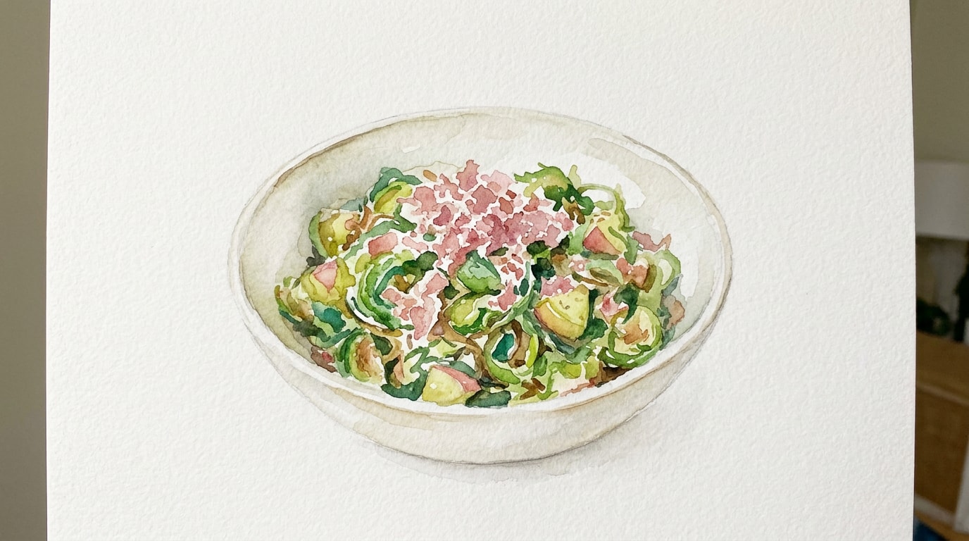 Sauteed Shredded Brussels Sprouts with Apples and Prosciutto Snow