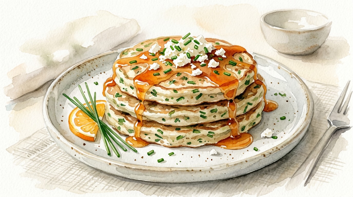 Savory Chive Pancakes with Orange-Cinnamon Glaze and Feta