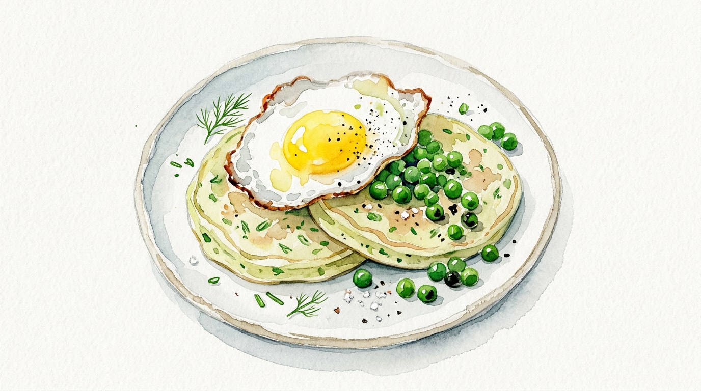 Savory Pancakes with Fried Eggs and Peas