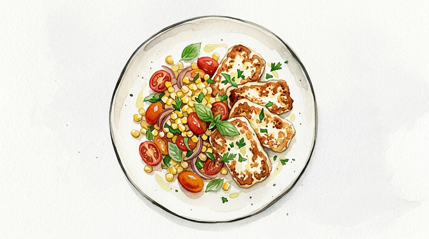 Seared Halloumi with Summer Corn and Tomato Sauté