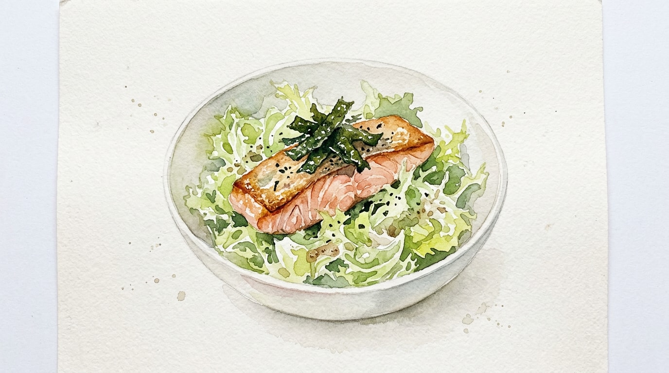 Seared Salmon and Frisee Salad with Crispy Seaweed