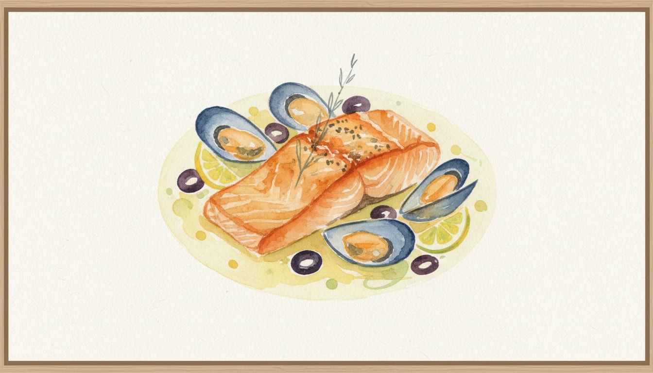 Seared Salmon with Mussels, Olives, and Lemon-Wine Broth