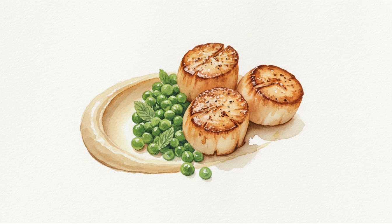 Seared Scallops with Jerusalem Artichoke Purée and Crushed Peas