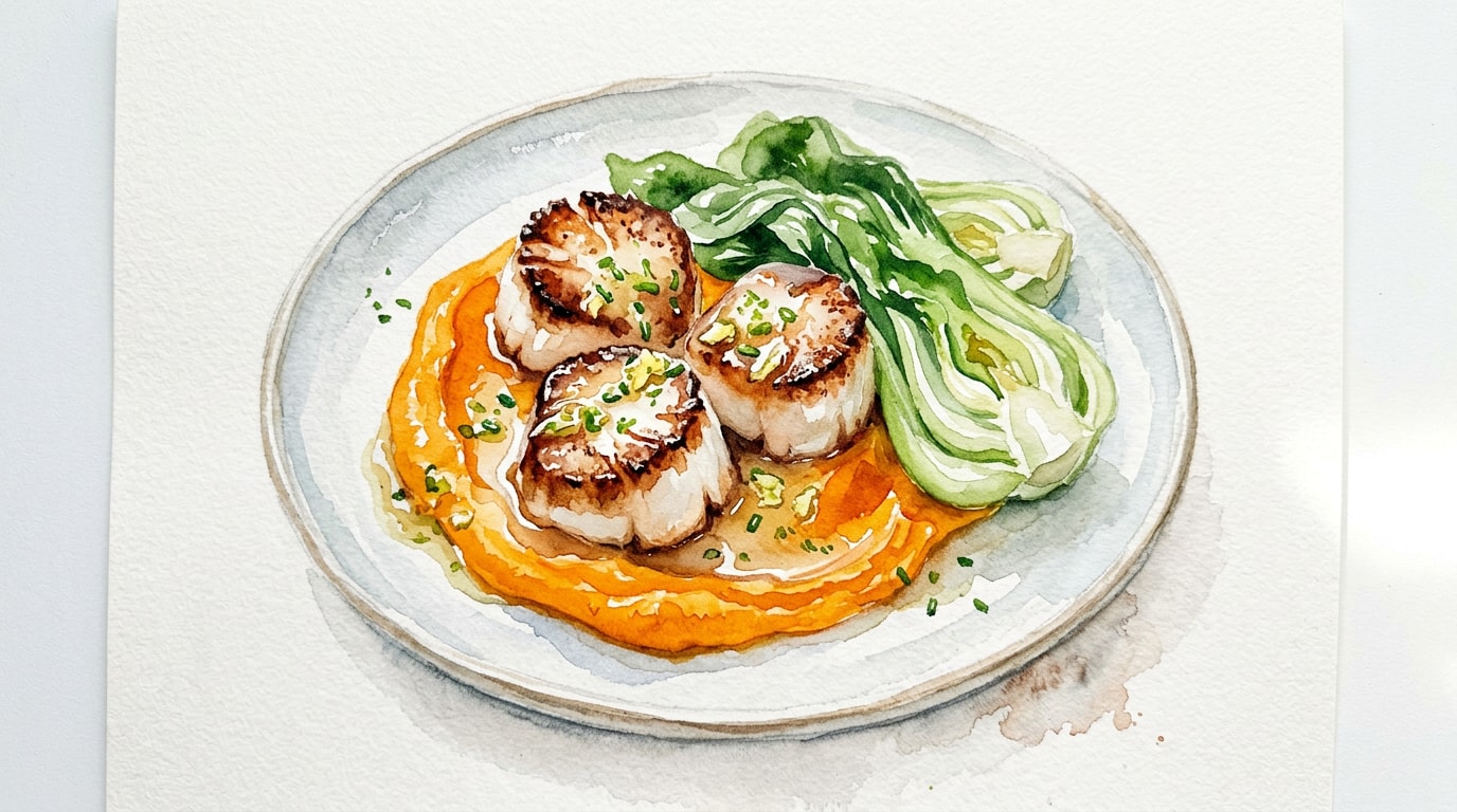 Seared Sea Scallops with Ginger-Lime Butter, Sweet Potato Puree, and Bok Choy