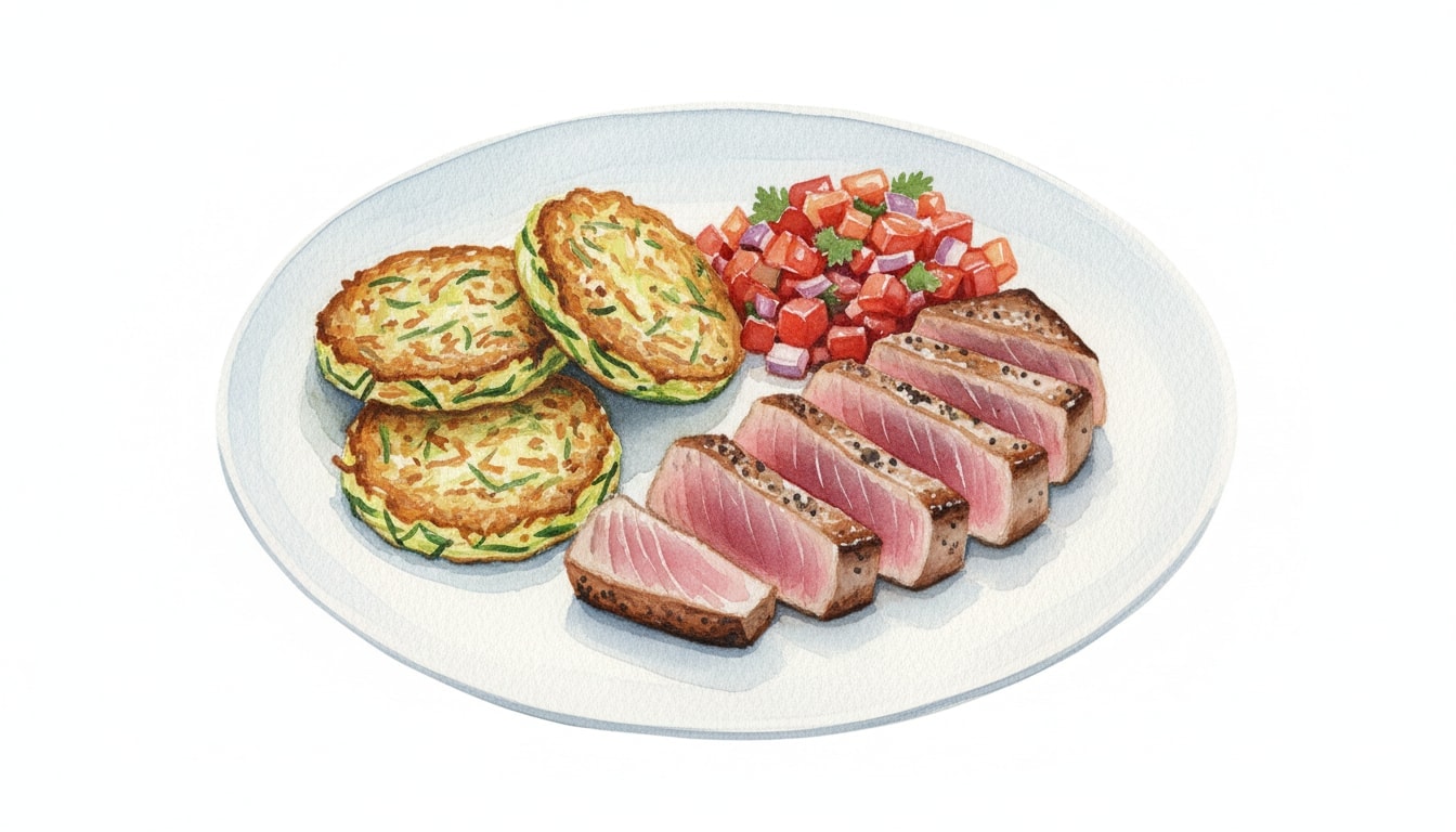 Seared Tuna with Tomato Salsa and Zucchini Fritters