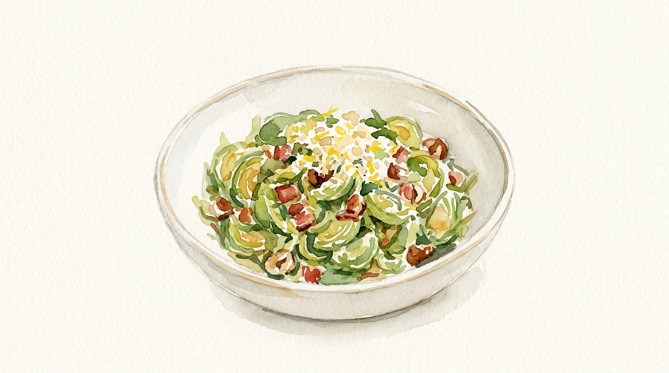 Shredded Brussels Sprouts with Bacon, Chestnuts and Lemon Crumb