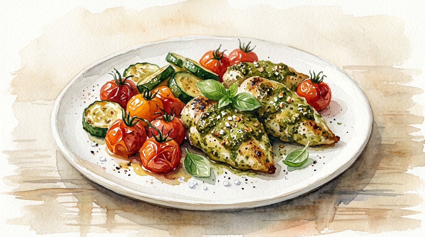 Simple Pesto Chicken with Roasted Tomatoes and Courgette