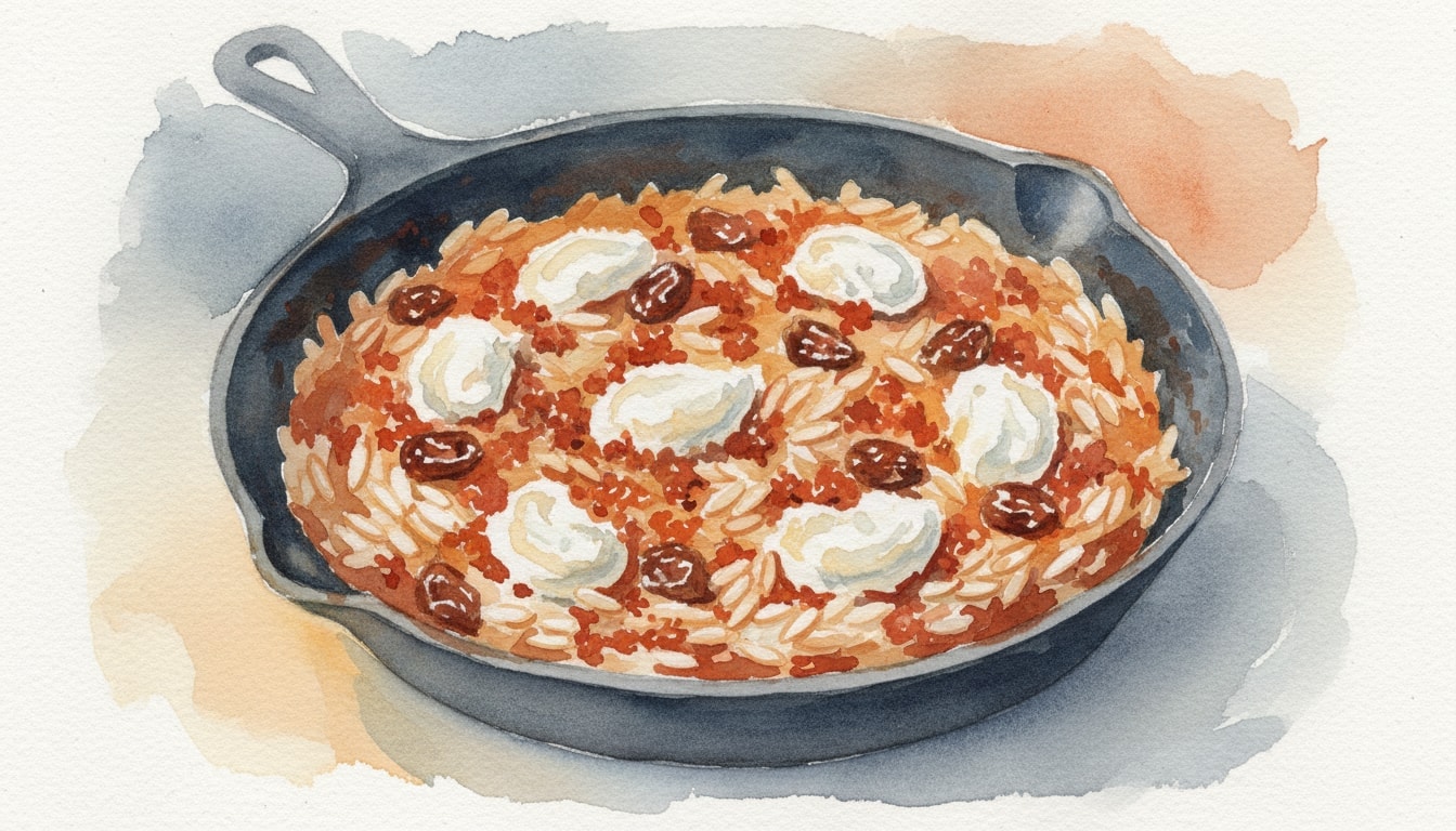 Skillet Orzo with Chorizo, Dates, and Goat Cheese