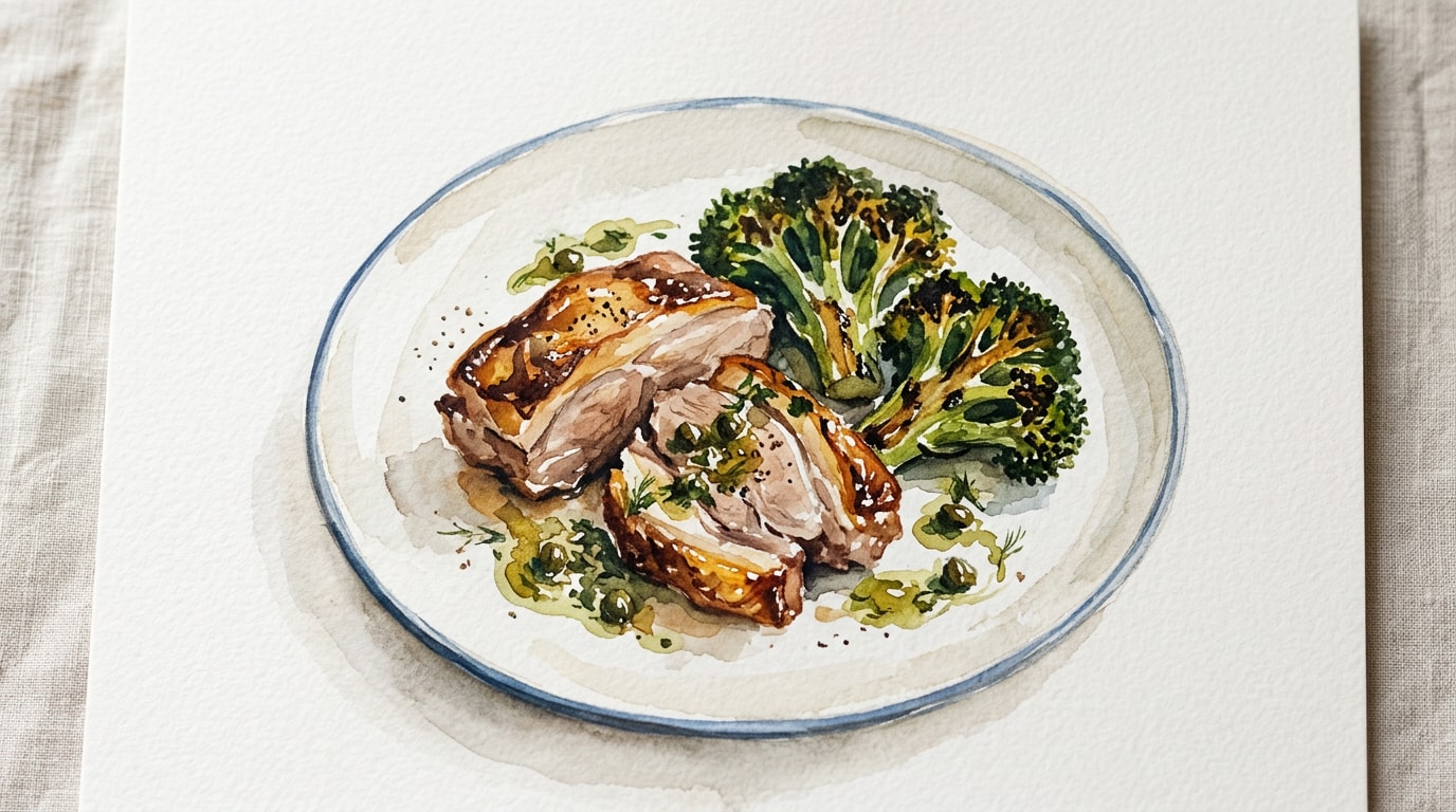 Slow-Roasted Breast of Lamb with Charred Broccoli and Caper Dressing