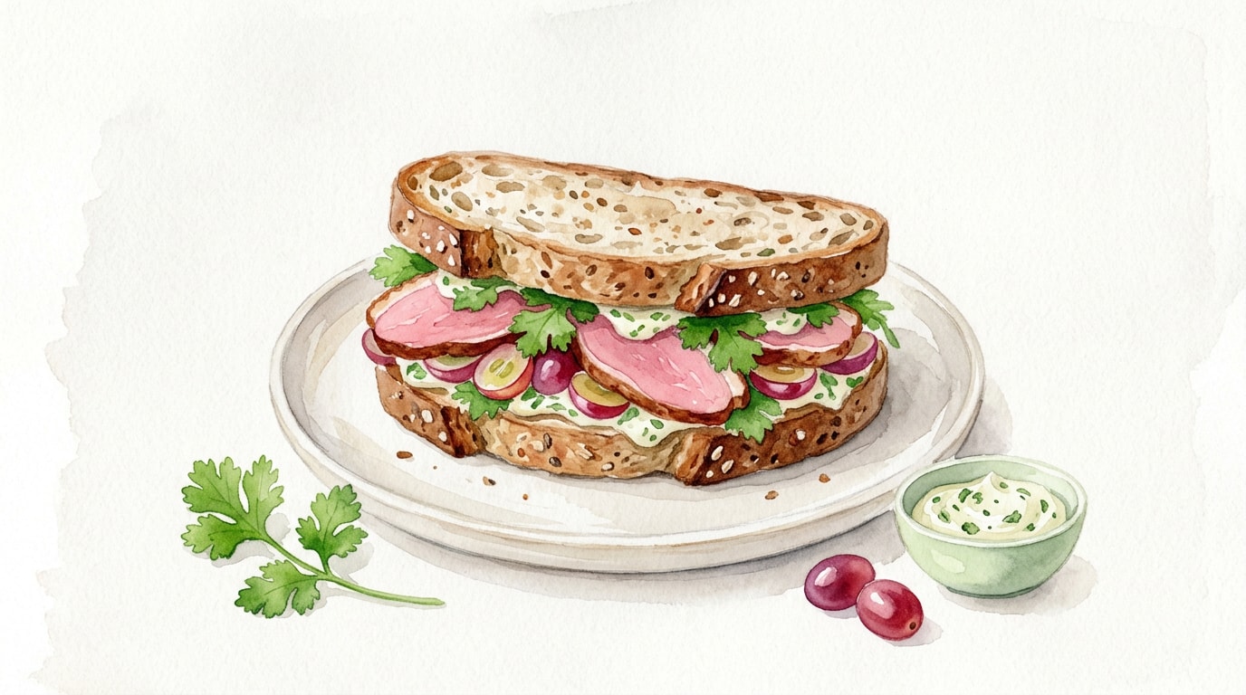 Smoked Duck and Grape Salad Sandwich with Coriander Mayonnaise