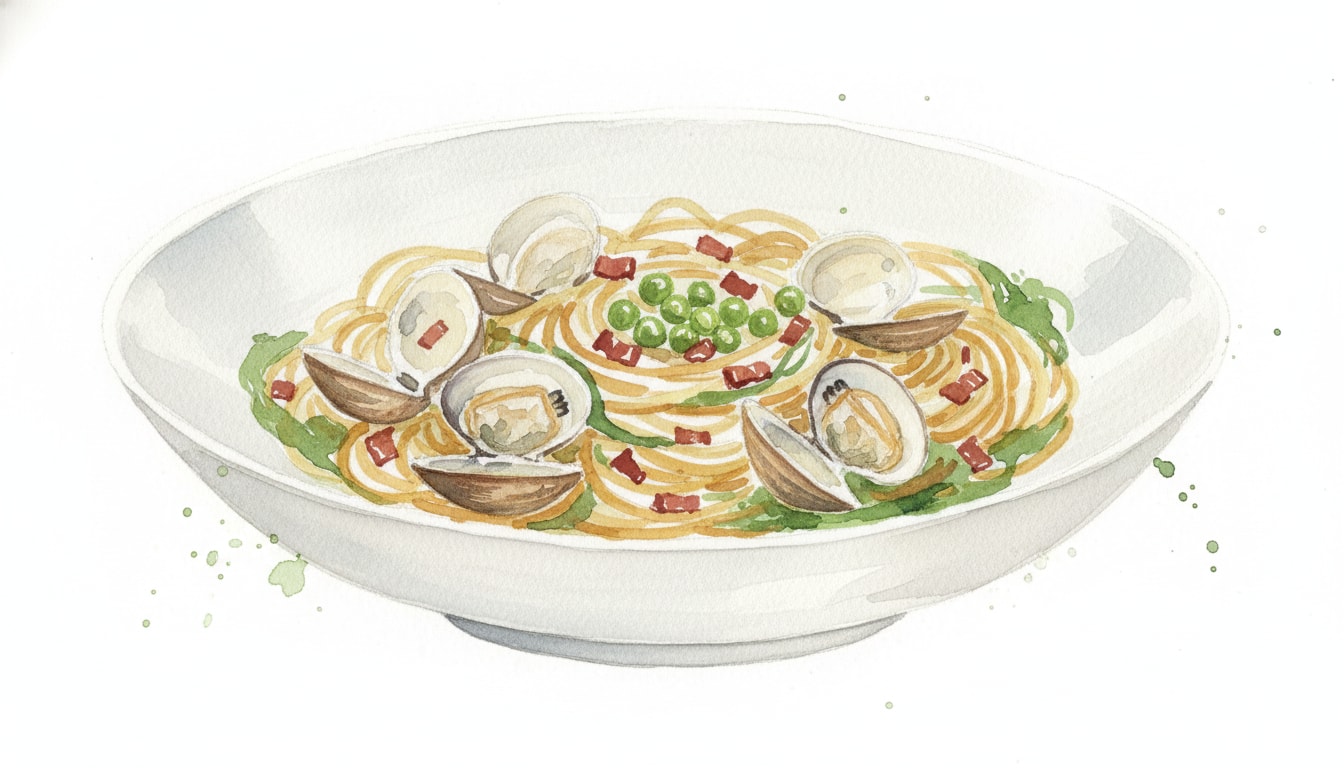 Spaghetti with Clams, Bacon, Peas & Green Herb Purée