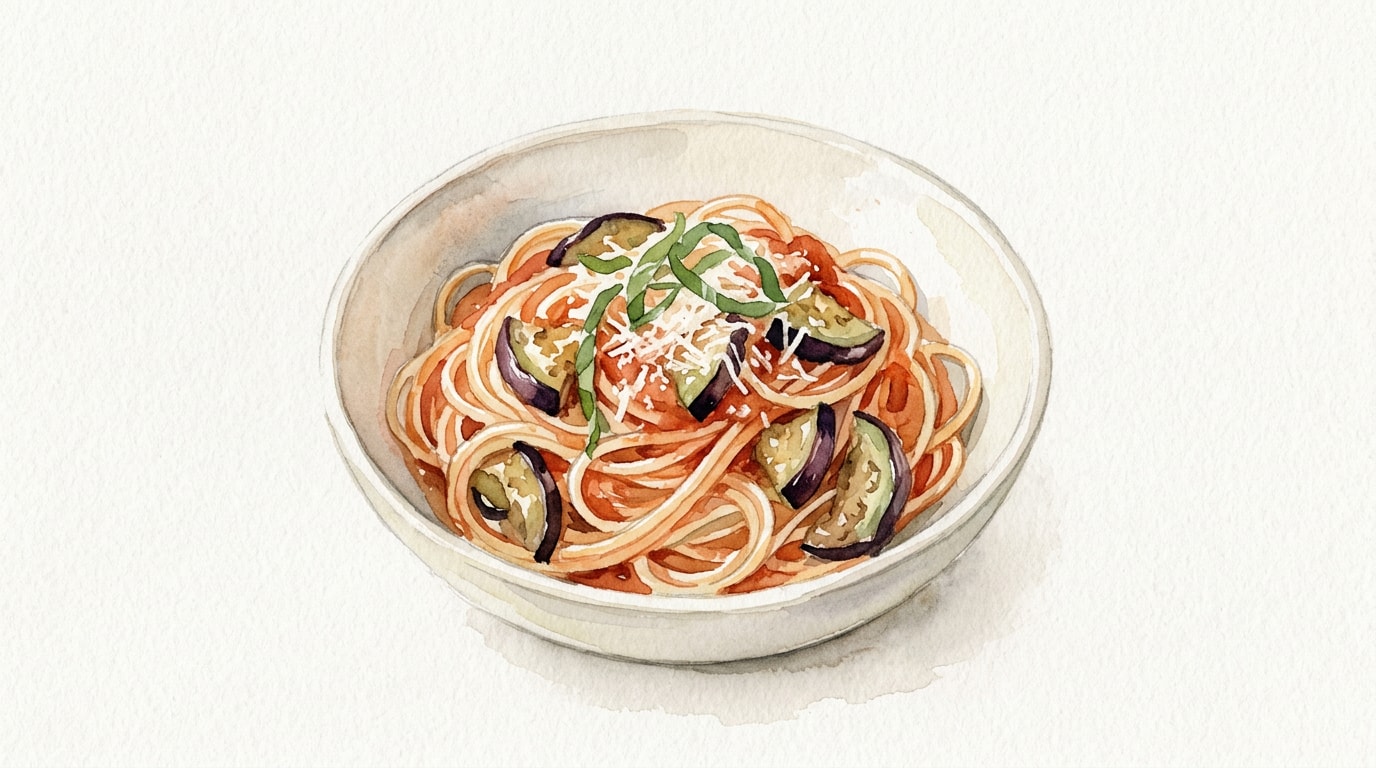 Spaghetti with Fried Eggplant in Tomato Sauce