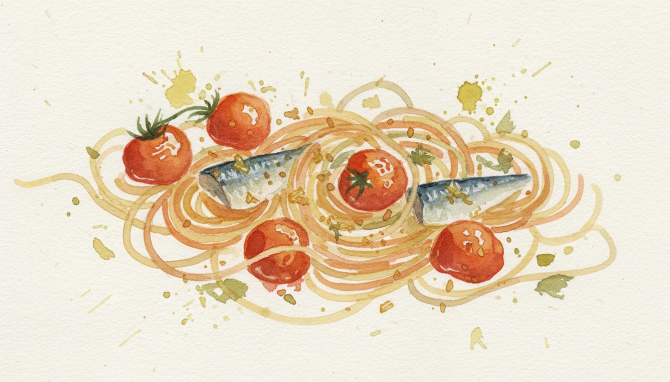 Spaghetti with Mackerel, Blistered Tomatoes & Lemon Crumbs