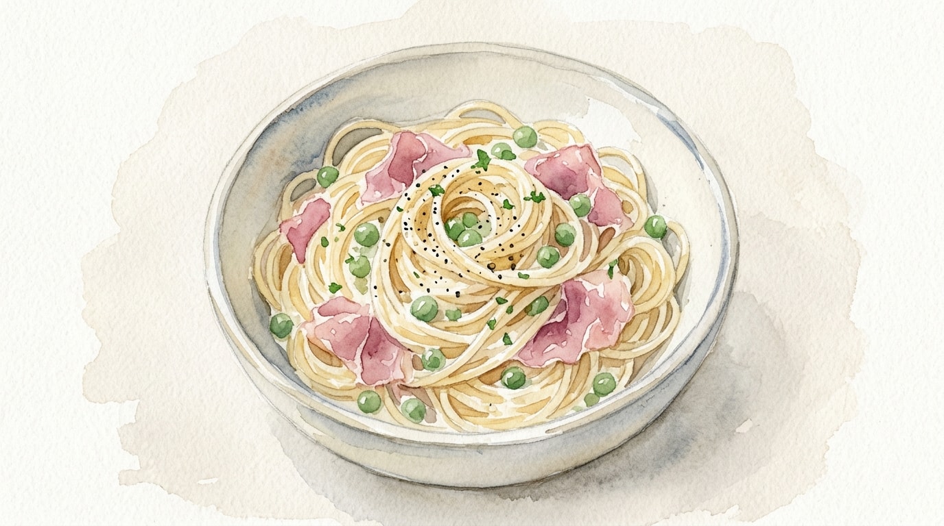 Spaghetti with Prosciutto, Peas, and Cream
