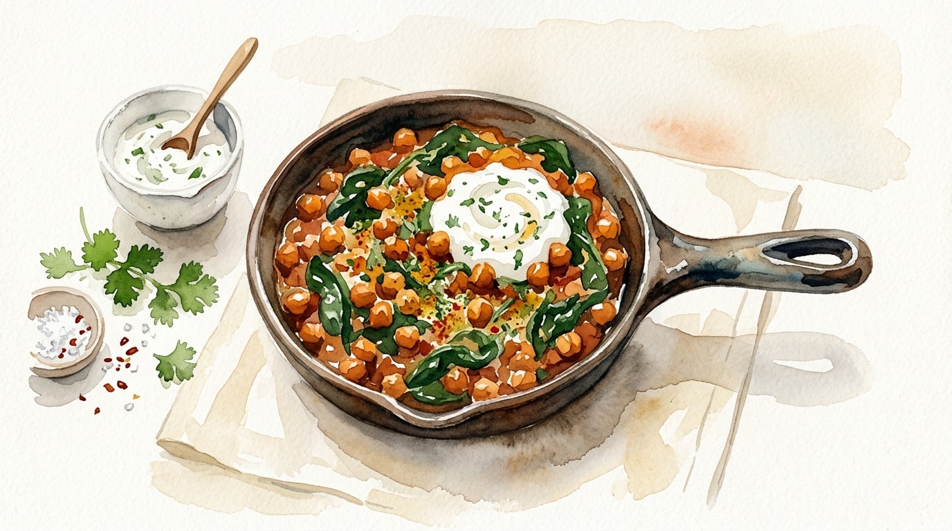 Spiced Chickpea and Spinach Skillet with Yogurt Sauce