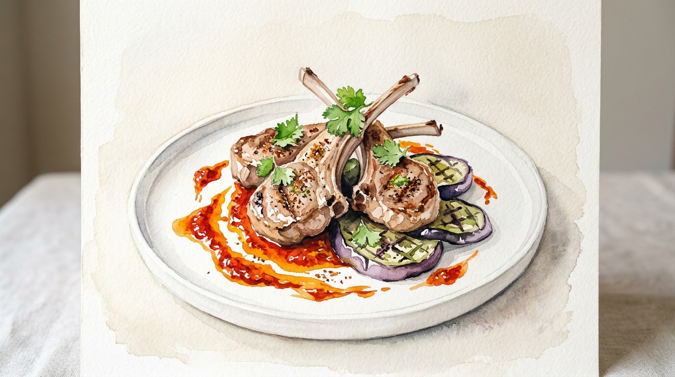 Spiced Lamb Chops with Grilled Aubergines and Harissa Sauce