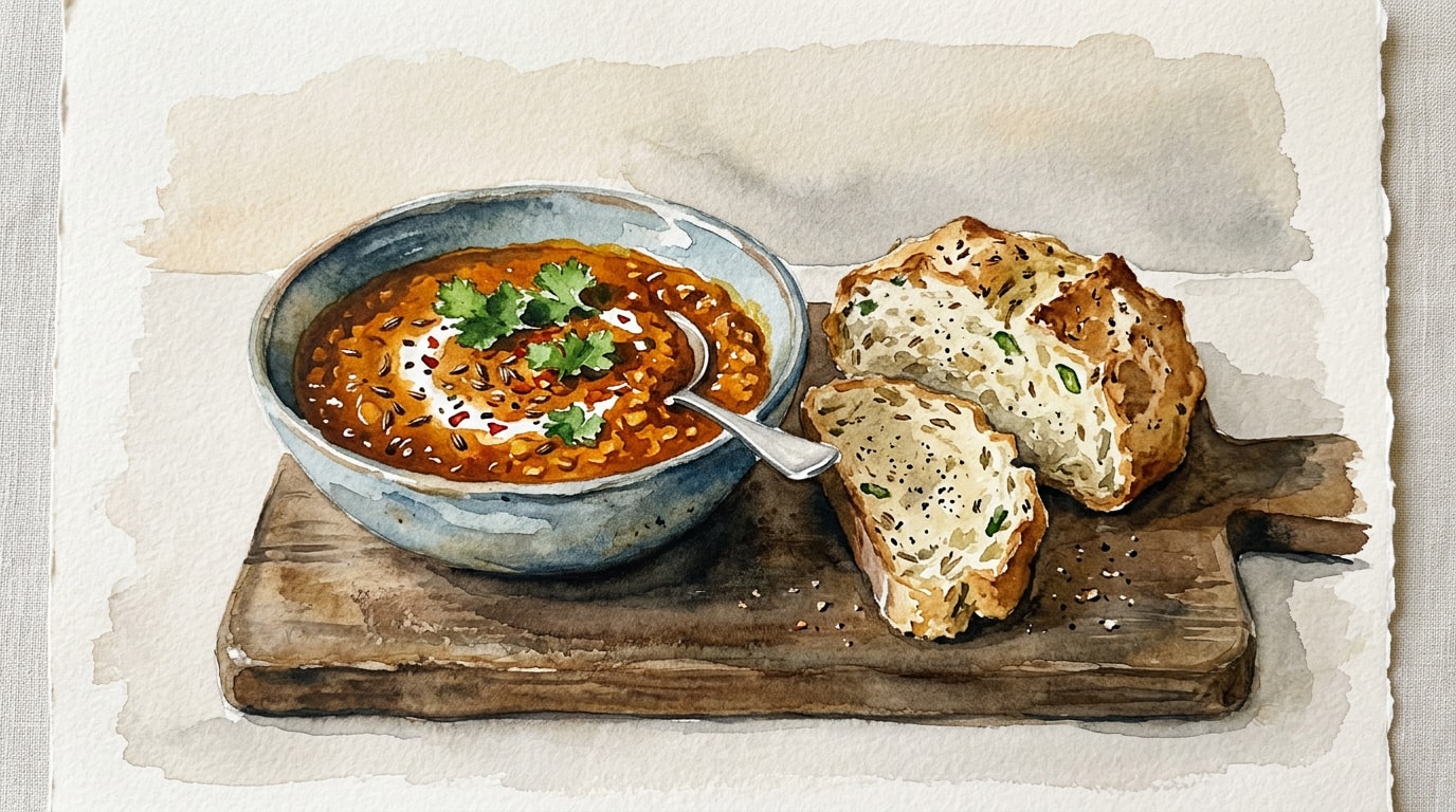 Spiced Masoor Dal with Cumin Green Chili Soda Bread