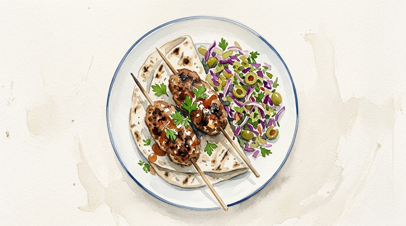 Spiced Pork and Halloumi Koftes with Homemade Flatbreads and Olive Slaw