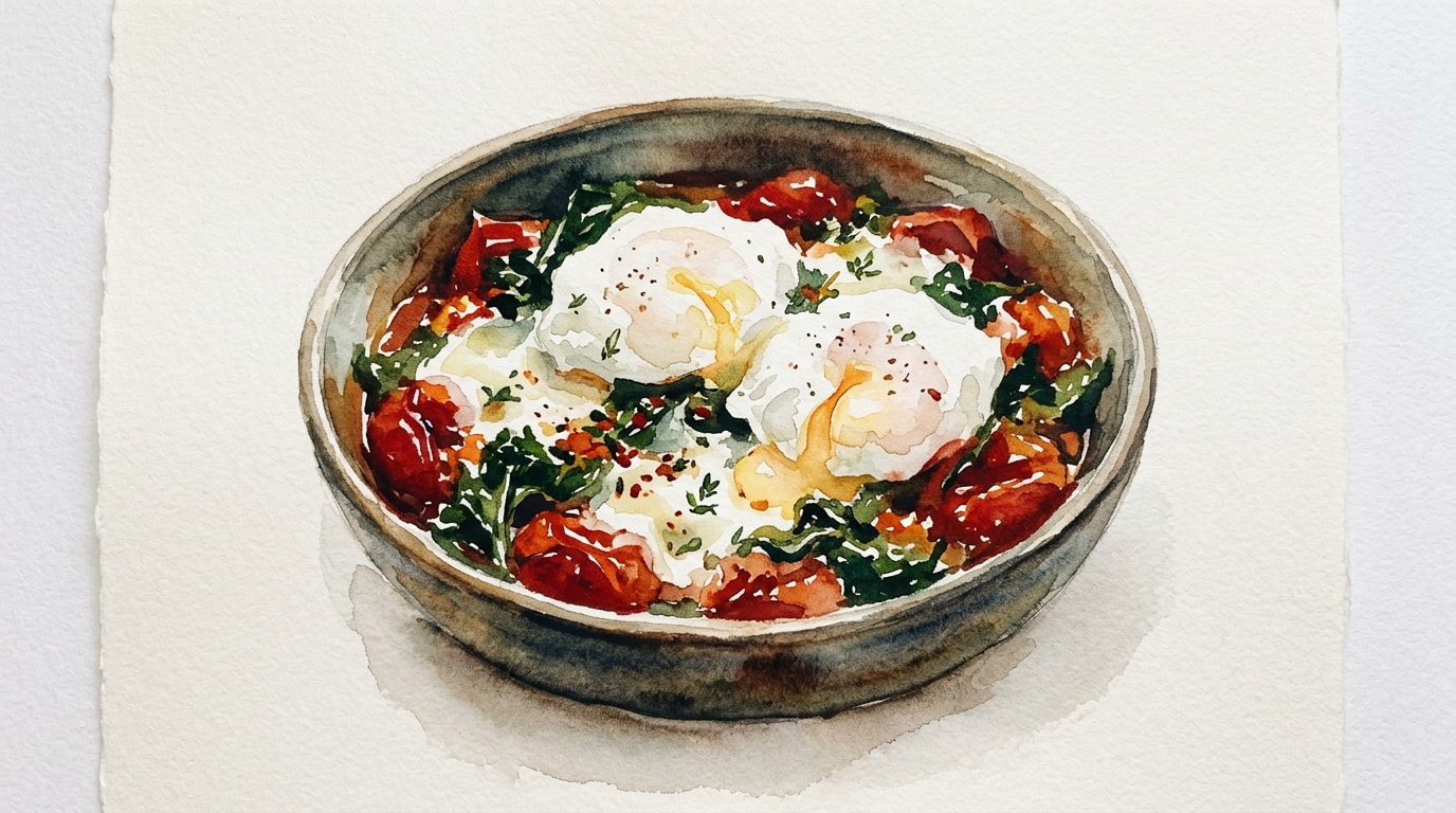 Spicy Baked Tomatoes and Kale with Poached Eggs and Mozzarella