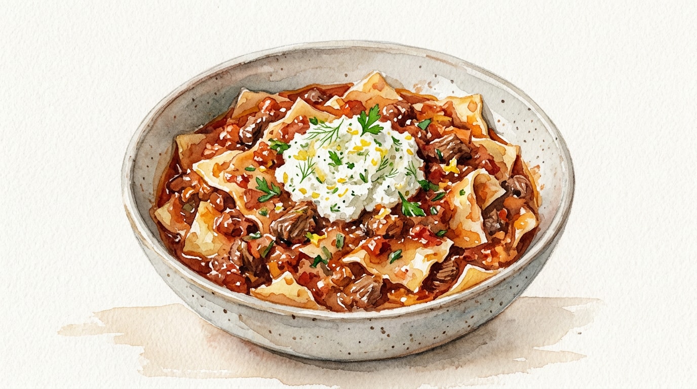 Spicy Beef Ragu with Broken Lasagna and Lemon-Fennel Ricotta