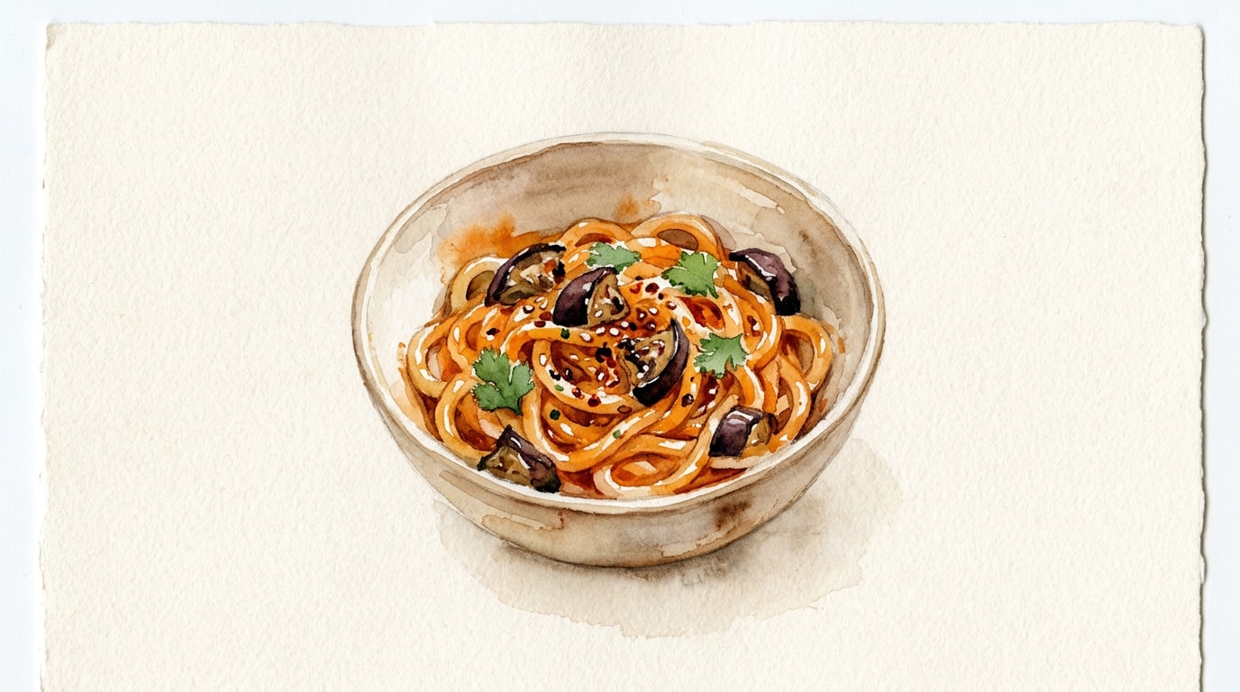Spicy Harissa-Tahini Udon With Roasted Eggplant