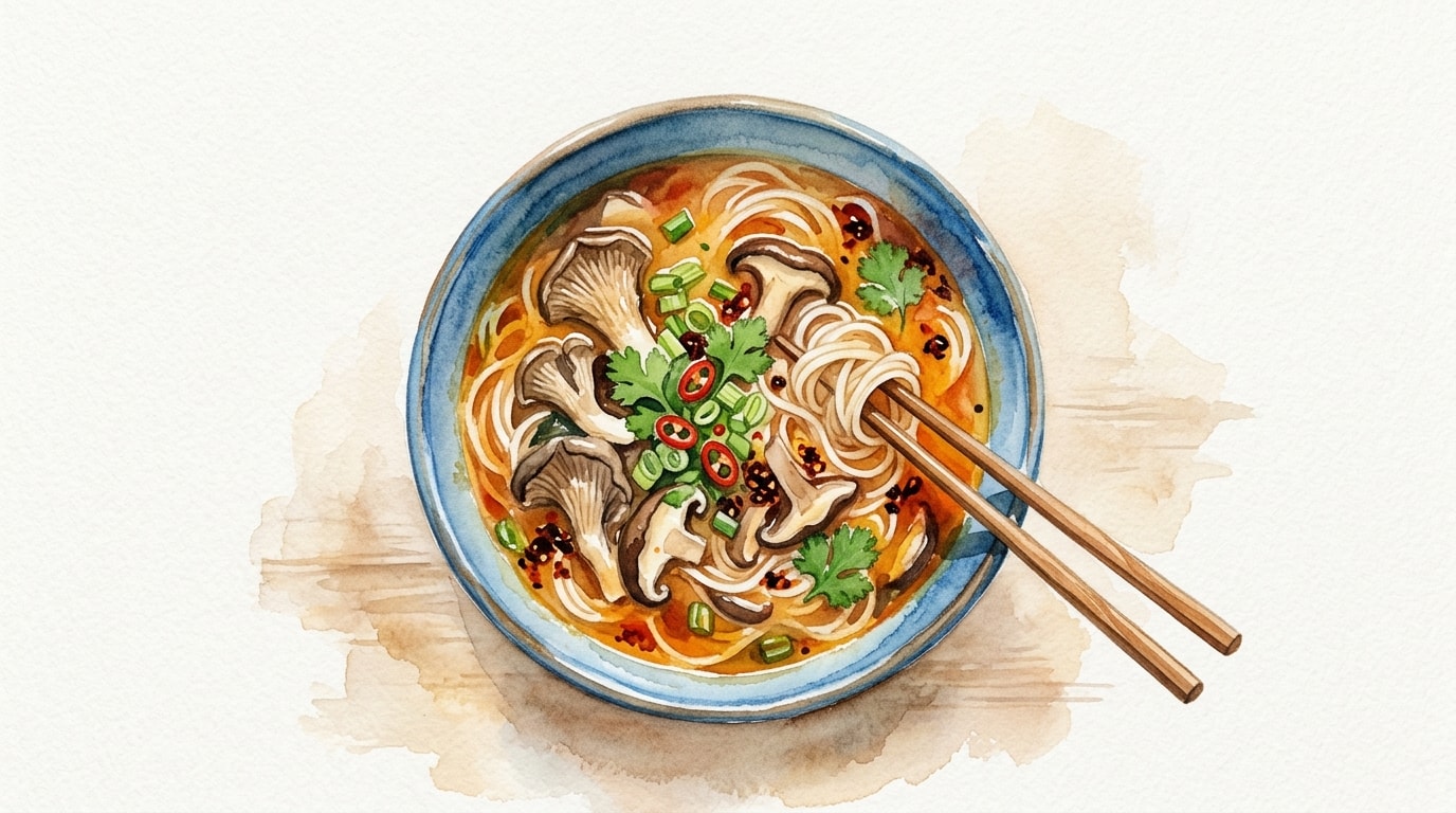 Spicy Hot and Sour Mushroom Noodle Soup