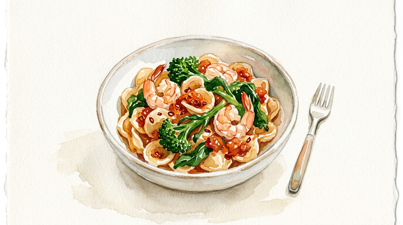 Spicy 'Nduja And Shrimp Orecchiette With Broccoli Rabe