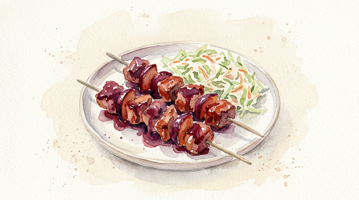 Spicy Plum Buffalo Kebabs with Creamy Coleslaw