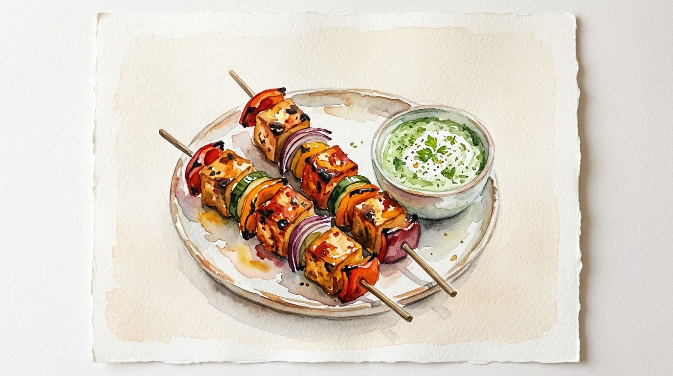 Spicy Tofu Tikka Skewers with Refreshing Mint Dip